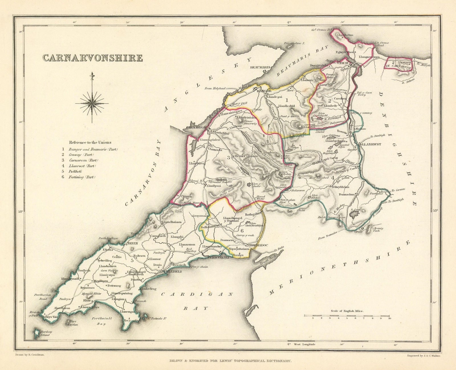 Antique county map of CARNARVONSHIRE by Creighton & Walker for Lewis c1840